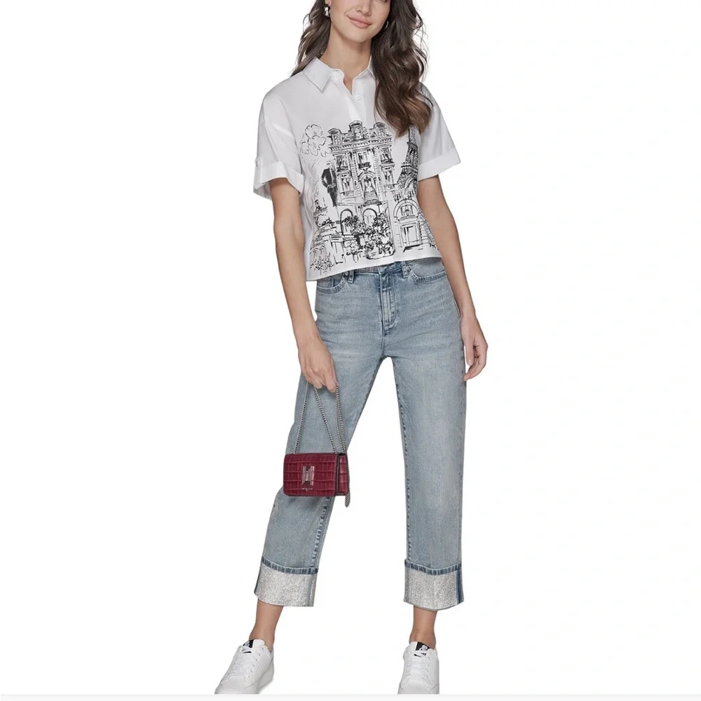 KARL LAGERFELD PARIS Cotton Crop Paris Scene Button-Front Top - Picture 3 of 10